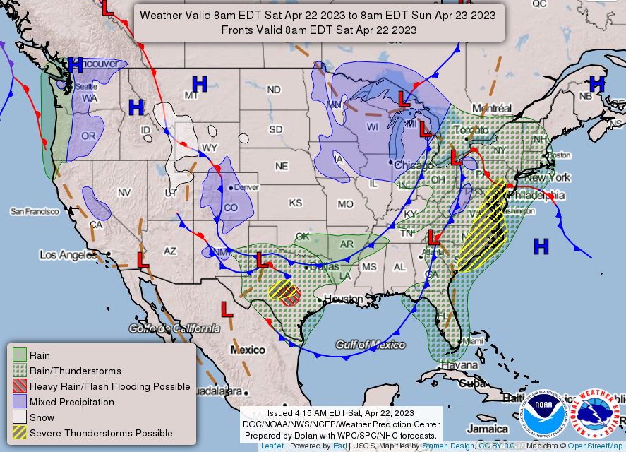 NWS's tweet photo. Scattered severe thunderstorms capable of damaging wind, hail, and tornadoes are possible today from the Carolinas into parts of the Mid Atlantic and Northeast as well as central Texas. Excessive rainfall from thunderstorms may produce flooding today in central Texas. https://t.co/mGnih57KIy