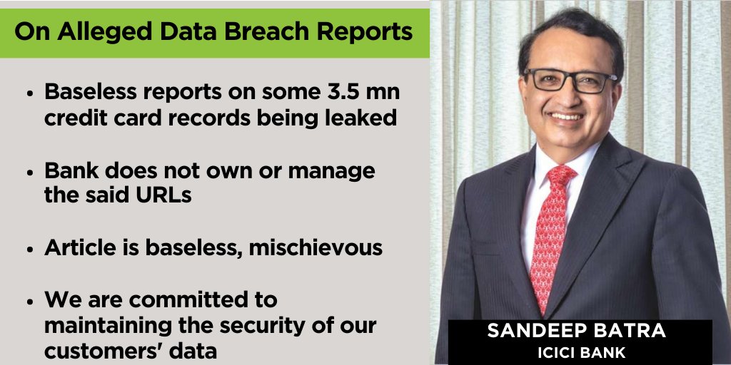 perumalgcent's tweet photo. @StocksCall_ Speaking on alleged data breach reports, @ICICIBank ED Sandeep Batra said that baseless reports on some 3.5 mn credit card records being leaked. Bank does not own or manage the said URLs

Here's more 
#ICICIBank https://t.co/RyvAYDHEUi