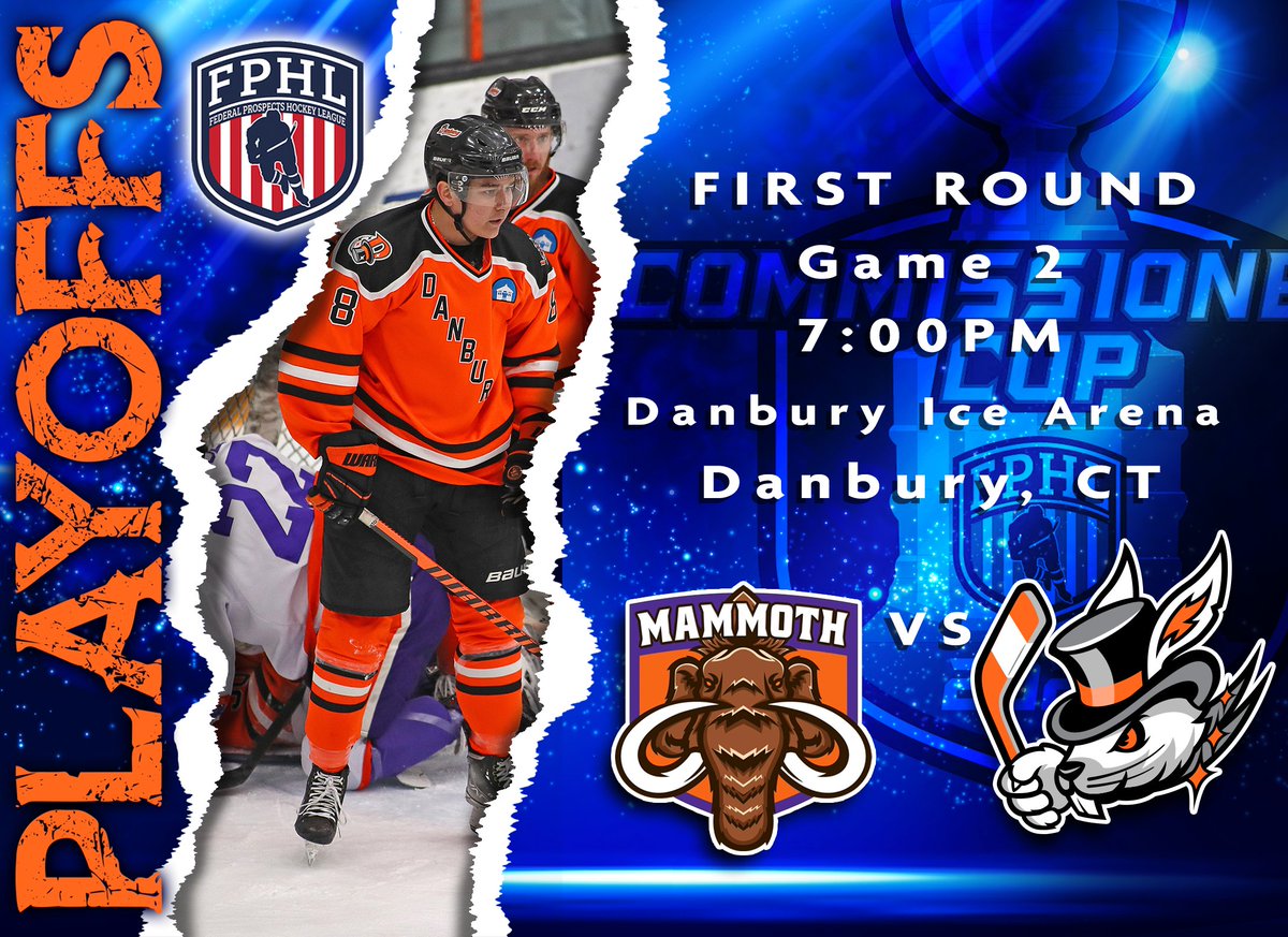 Saturday night Playoff Hockey in Danbury! Going for the Series win tonight!

📍Danbury Ice Arena
🆚@elmiramammoth_ 
⏲️7PM
📺youtube.com/@DanburyHatTri…
🎟️tixr.com/groups/danbury…

<a href="/TheFPHL/">Federal Prospects Hockey League</a> #RabbitsBaby #HatTricksHockey #PlayoffHockey