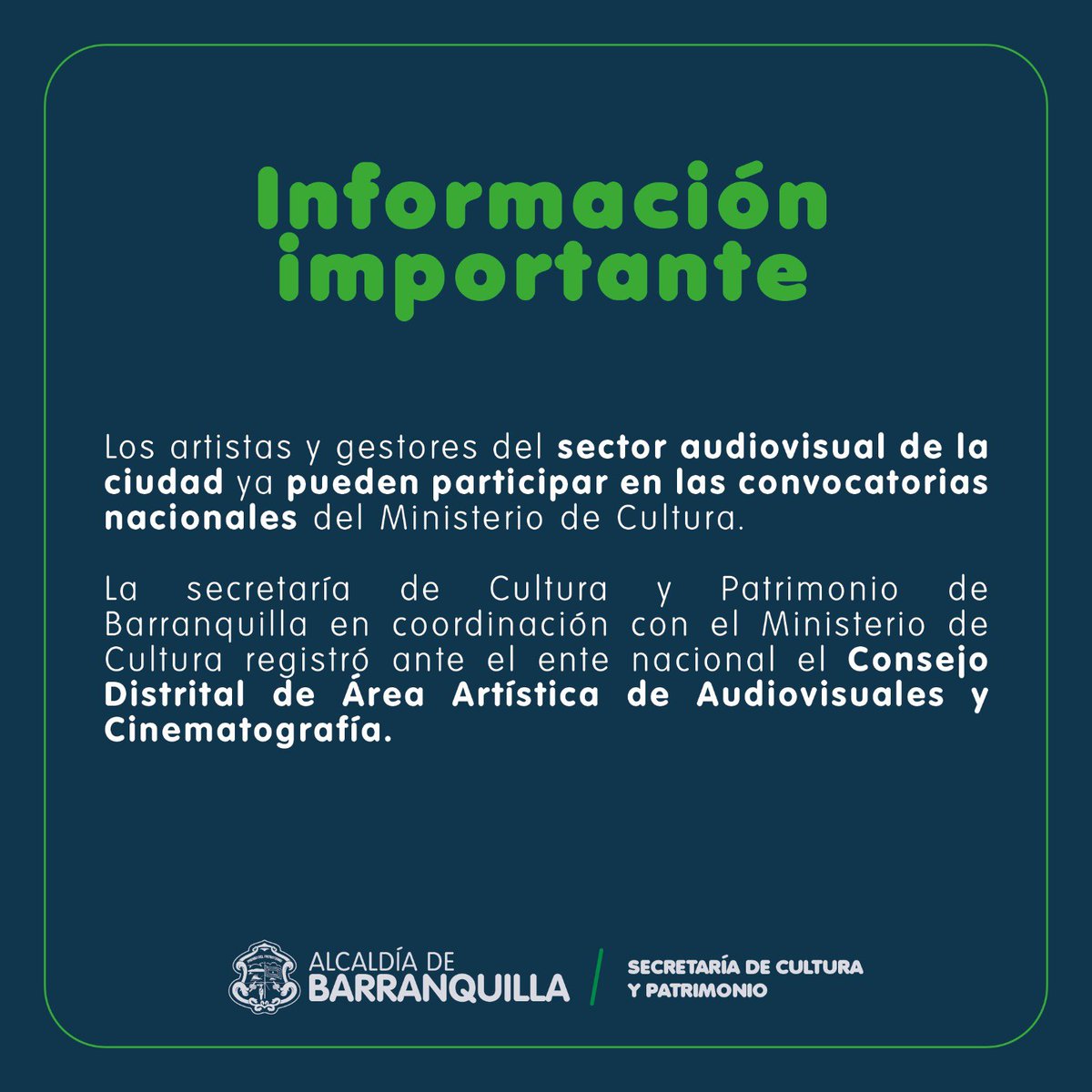 MariaTeresabaq's tweet photo. Importante: Los artistas y agentes del sector audiovisual y cinematográfico de la ciudad ya pueden participar por los recursos ofertados por el @Proimagenes a través de la convocatoria ‘Relatos regionales’, que cierra el 1 de junio. 
Más detalles en 👉🏼https://t.co/jE7lEeyGNH https://t.co/aQ3AN2J3kq