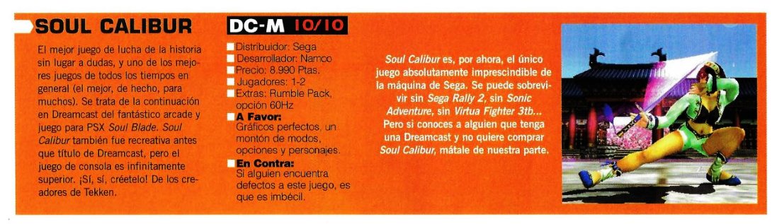 hailsega's tweet photo. #BackinMyDays Extract taken from "DC Magazine 🇪🇸" VOL.7 published on July 2000, it contains a list of must-have games for the system, placing #SoulcaliburDreamcast on the very 1st with a hilarious quote "If anyone finds flaws in this game, it's because it's an imbecile! LOL #FGC https://t.co/K38gCezTzf
