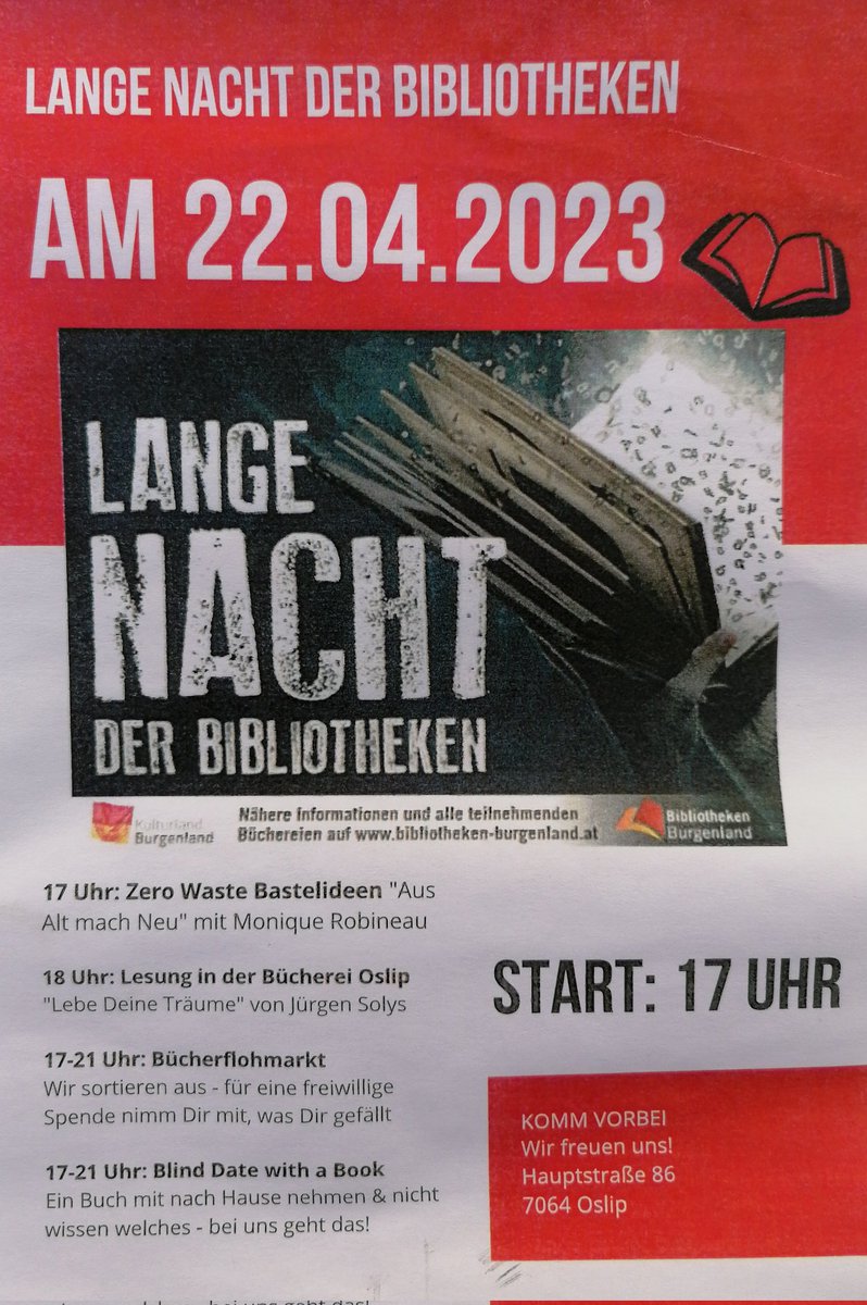 Oslip_Uzlop's tweet image. Dieses Wochenende in #Oslip

Samstag:
🍇 Weinfrühling am @Remushof_Uzlop
📚 Lange Nacht der Bibliotheken in der Gemeindebibliothek
@DolezalRudi in der Müh: 

Sonntag:
🥾 Wandertag der Naturfreunde
🍻 Frühshoppen in der Müh