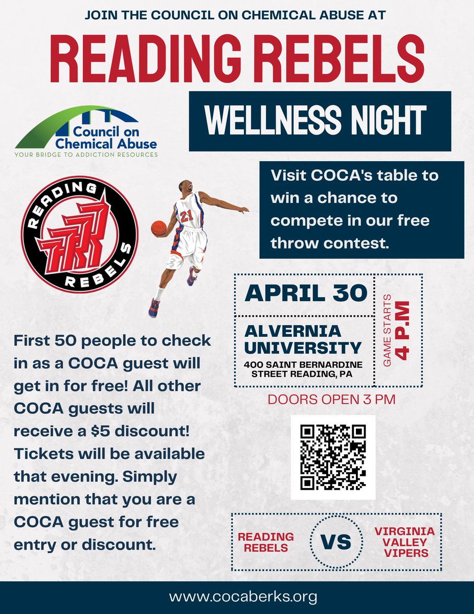 COCABerks's tweet photo. Join us for Wellness Night at the @_ReadingRebels on April 30. First 50 people to mention COCA will get in FREE! Then, visit our table for a chance to compete in a free throw contest. See our website for details. https://t.co/A6ntt53dB4 #AlcoholAwarenessMonth #wellnessnight https://t.co/uEJ1UtQgca