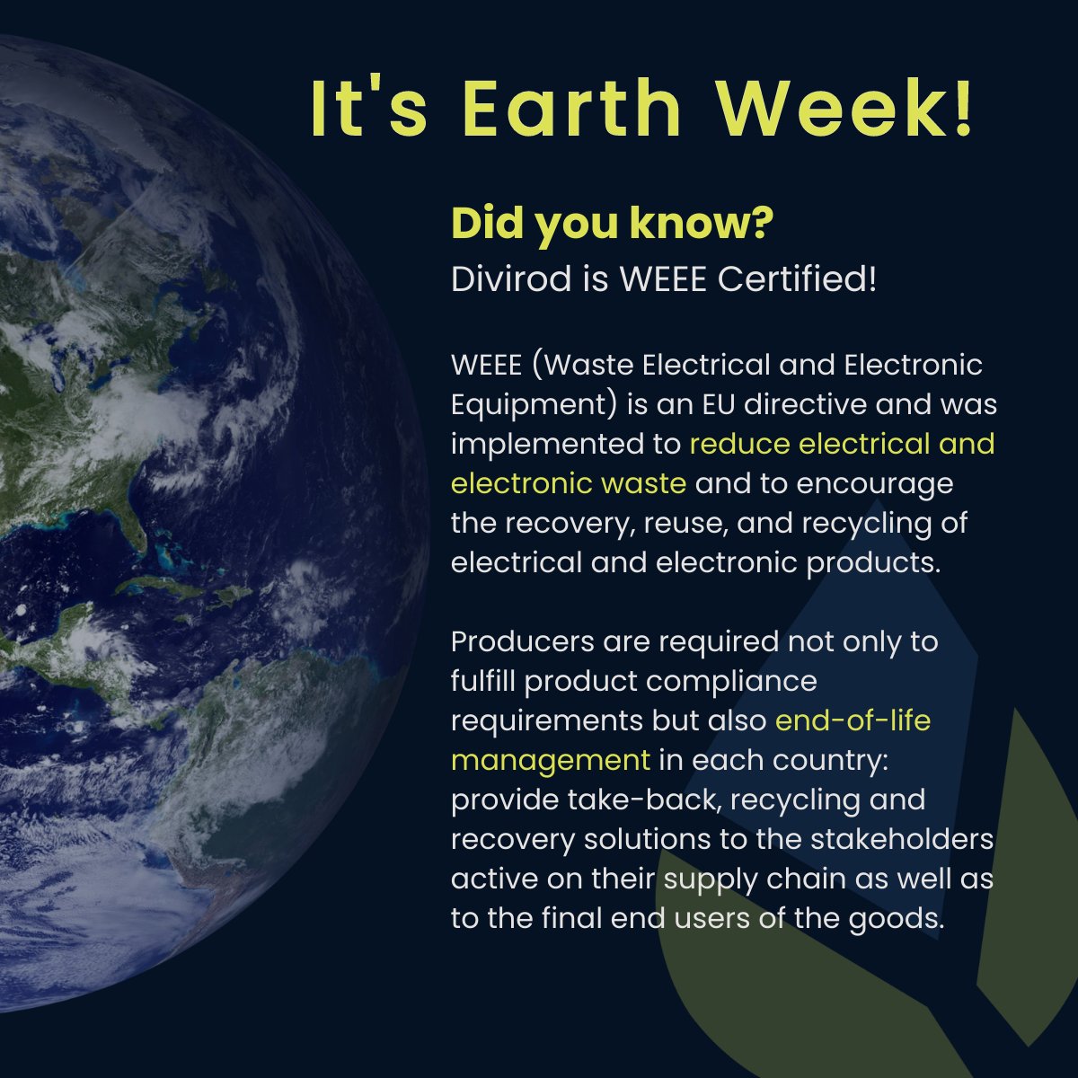 divirod's tweet photo. Happy Earth Week! Did you know that Divirod is WEEE certified?

#earthday2023 #earthweek2023 #weee #weeecertified #waterdata #waterrisks #watermanagement  #bigdata #digitalsolutions #reducereuserecycle #electronicwaste #hazardouswaste #wastemanagement https://t.co/iXADhk5zVX