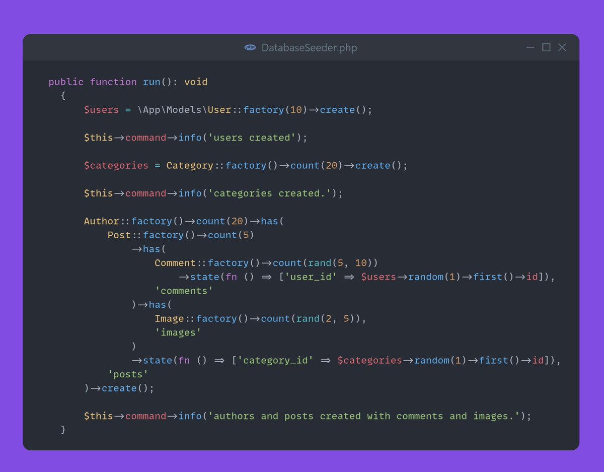 MrPunyapal's tweet image. Laravel Factories are just amazing 🎉🎉
No need caption just look at this code.🤝🤝