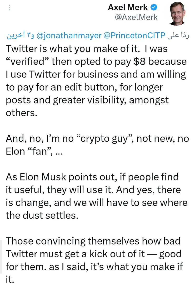 بعد إزالة علامة تويتر الزرقاء🗨عن الحسابات المجانية.

📄 ورقة بحثية حول:
Twitter’s paid account “verification.”
cs.princeton.edu/~jrmayer/paper
وتعليق لأحد رواد الأعمال عن أسباب استعدادهم للدفع مقابل توثيق حساباتهم 🗨ك:
١. الحصول على زر التعديل.
٢. منشورات أطول.
٣. مشاهدات أكثر
وغيرها