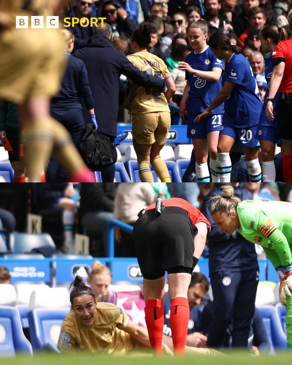 BBCSport's tweet image. Lucy Bronze has been forced off with a knee problem 😬

#WUCL