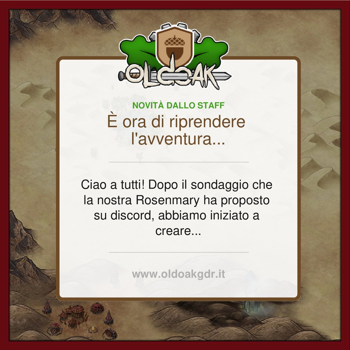 OldOakGDR's tweet photo. Ciao a tutti!
Dopo il sondaggio che la nostra Rosenmary ha proposto su discord, abbiamo iniziato a creare una scaletta di cose da fare.

Siamo rimasti piacevolmente colpiti da quanti hanno partecipato e abbiamo apprezzato ve...
#gdr #fantasy #playbychat https://t.co/fUfwIPxnN1 https://t.co/LDe1YB2E6F