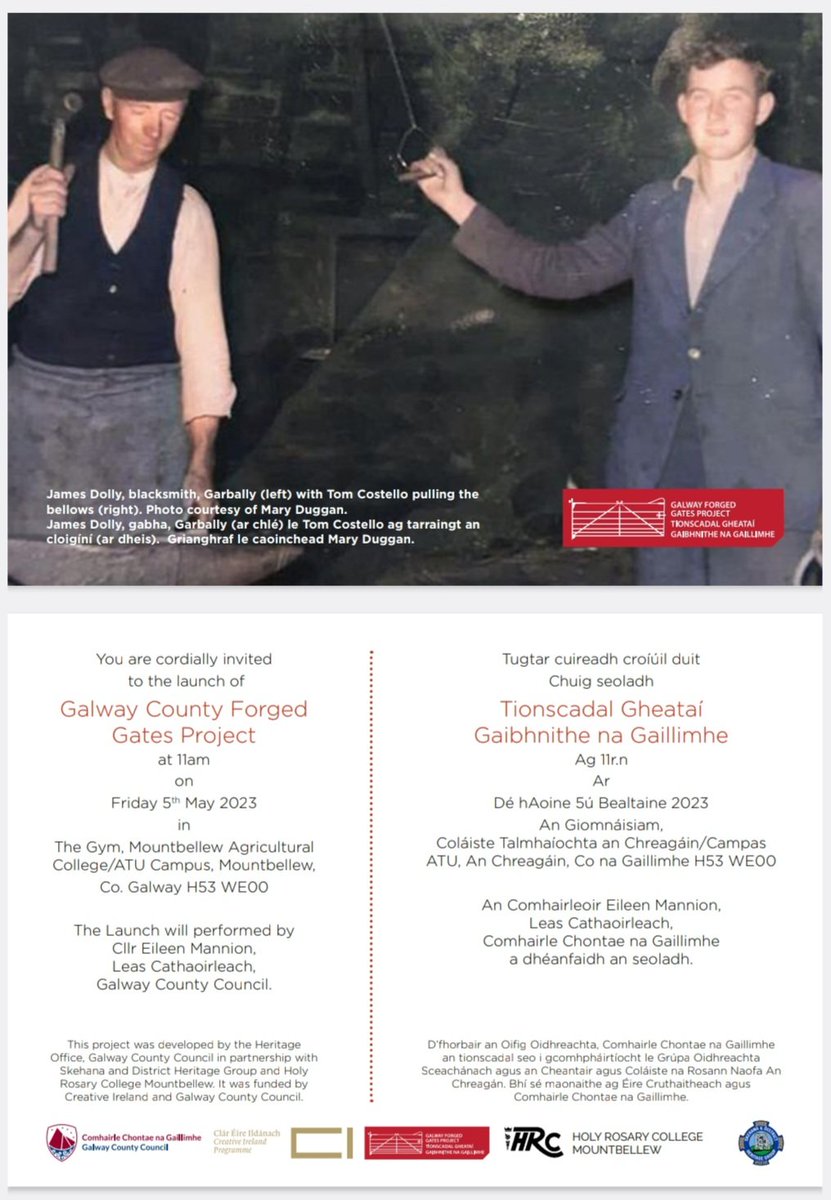 EmmaLaffey3's tweet photo. INVITATION TO THE LAUNCH OF:

GALWAY FORGED GATES PROJECT

Friday 5th May 2023
ATU Agricultural College
Mountbellew Galway

ALL WELCOME https://t.co/C4Yg4ViJTg