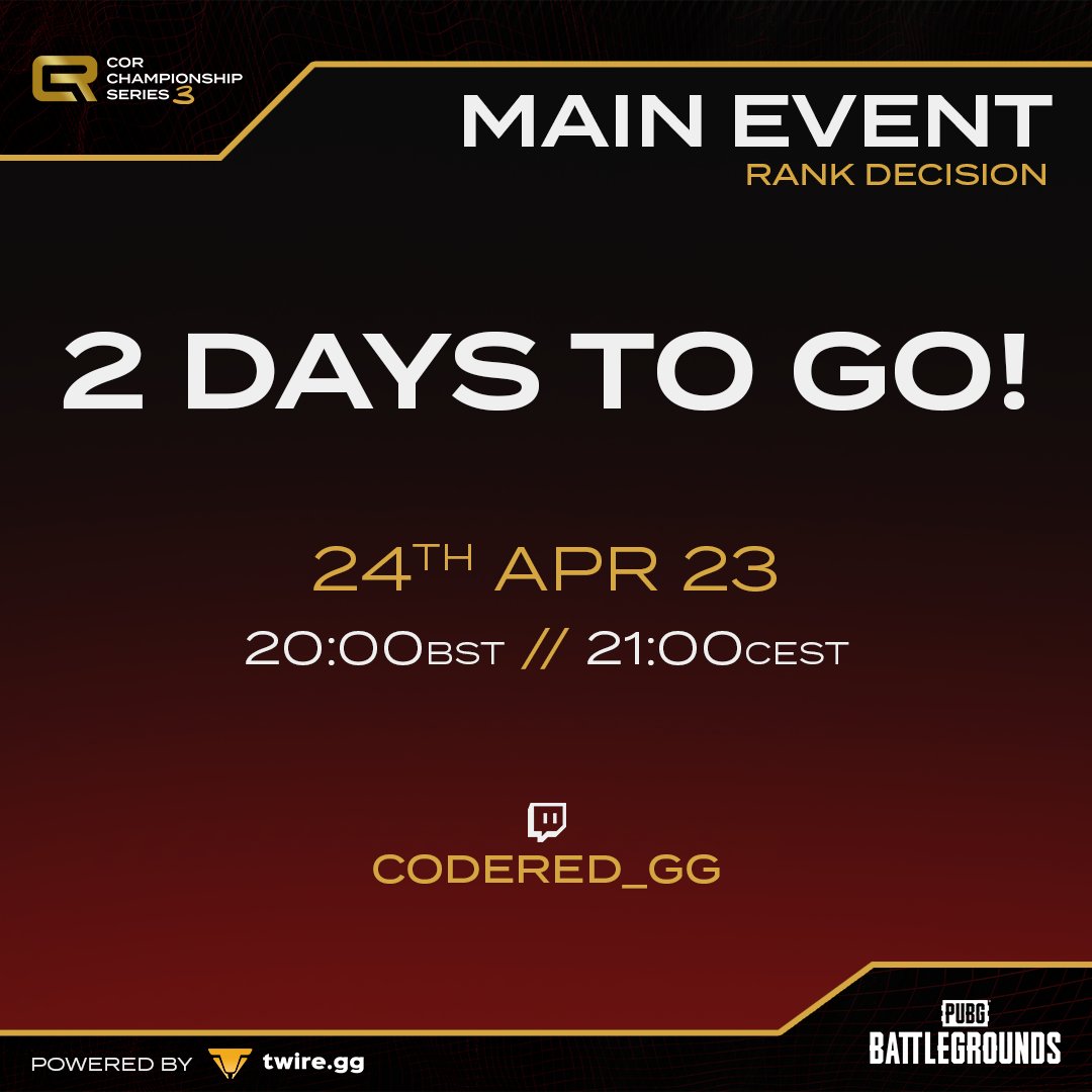 🚨 2 DAYS TO GO! 🚨

CCS3 is almost here! Who's excited?! 🔥

Tune in to see all the action unfold over the next 2⃣ weeks as 32 teams compete for a place in the Grand Finals

🏆 £1500
🗓️ 24th Apr 23
🤝 <a href="/PUBG_EU/">PUBG: BATTLEGROUNDS Europe</a> 
📺 twitch.tv/CodeRed_GG