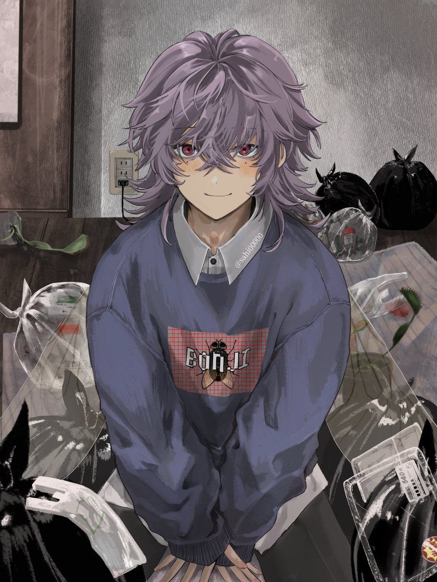 trash bag purple hair 1boy plastic bag solo looking at viewer male focus  illustration images