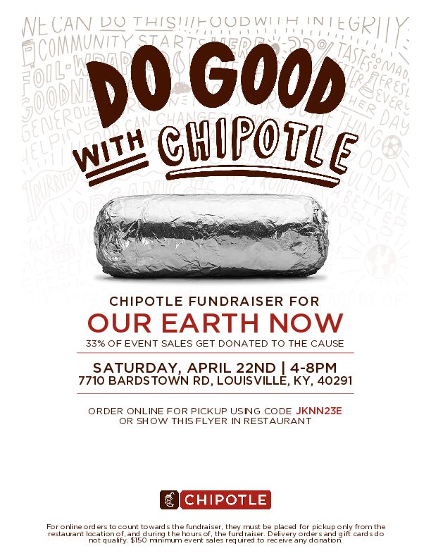 OurEarthNow's tweet image. Happy Earth Day!  Buy something today from @ChipotleTweets at 7710 Bardstown Road between 4-8 pm and one-third of the sale goes to our solar panel project for @DeSales_Colts.  Online orders count just use the code shown here.  We appreciate your help.  #solarpanels  #EarthDay