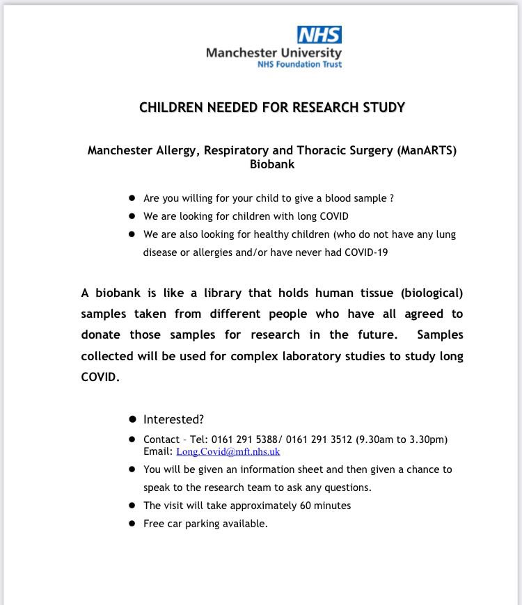 BinitaKane's tweet image. **Volunteers needed for our Paeds study**

✅ Children with physician diagnosed  #longcovid 
✅ Healthy children (can have had COVID and recovered fully).

1 trip to Manchester to donate blood sample

Thank you!