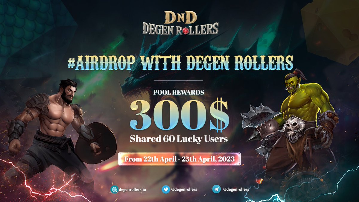 DegenRollers's tweet photo. 🎉🎉DEGEN ROLLERS #AIRDROP  🚀

⏰ Period: April 22th -  April 25th, 2023
🎁300 $USDT for 60 Lucky Winners
🙋 How to Participate?
1️⃣ Follow our Twitter
2️⃣ Like &amp; Retweet this post 
3️⃣ Tag 3 friends in comment 

🎲Hurry up to be our winners today, Guys!
#Airdrop #gamefi #Arbitrum https://t.co/nMIm0cCDVc