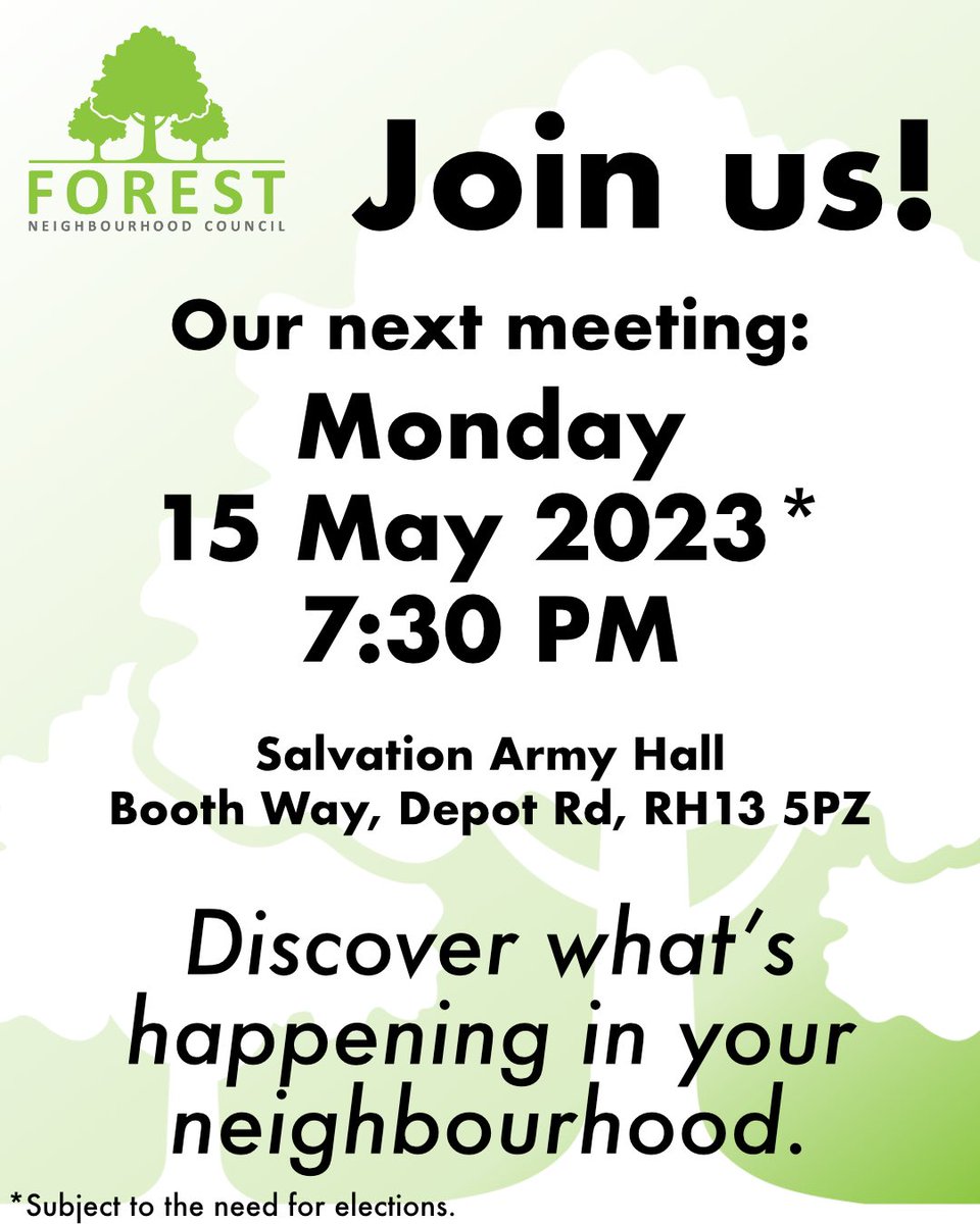Join us at our next meeting, Monday, 15 May 2023, 7:30 PM, Salvation Army Hall, Booth Way, Depot Road, RH13 5PZ.