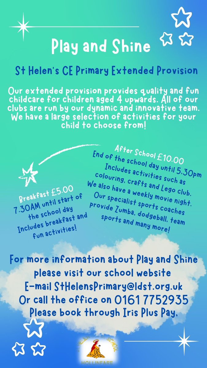 sthelensCEPS's tweet image. Our Play and Shine extended provision club is ready to welcome our children from Monday for their breakfast and after school fun! Please contact the school office for further information #ShineTogether ✨