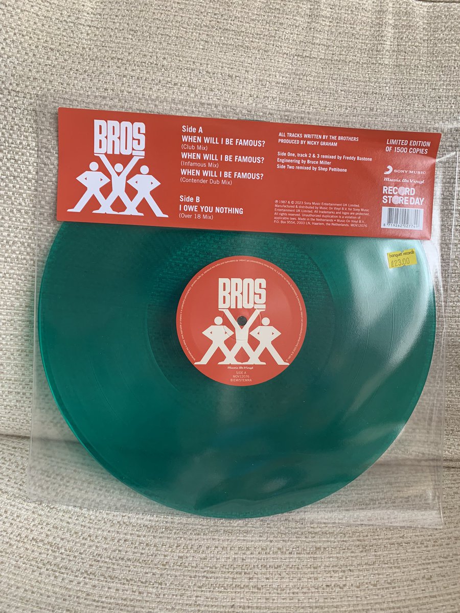 blueloulou1973's tweet photo. @mattgoss Look what I got up for at 05.00 this morning, that colour ๐๐ถ๐ Thanks @BanquetRecords for stocking it, Happy Record Store day. ๐ #mattgoss #lukegoss #craiglogan #bros #throwback #brosette #vinyl #recordstoreday2023 https://t.co/PDY4UX1oKU