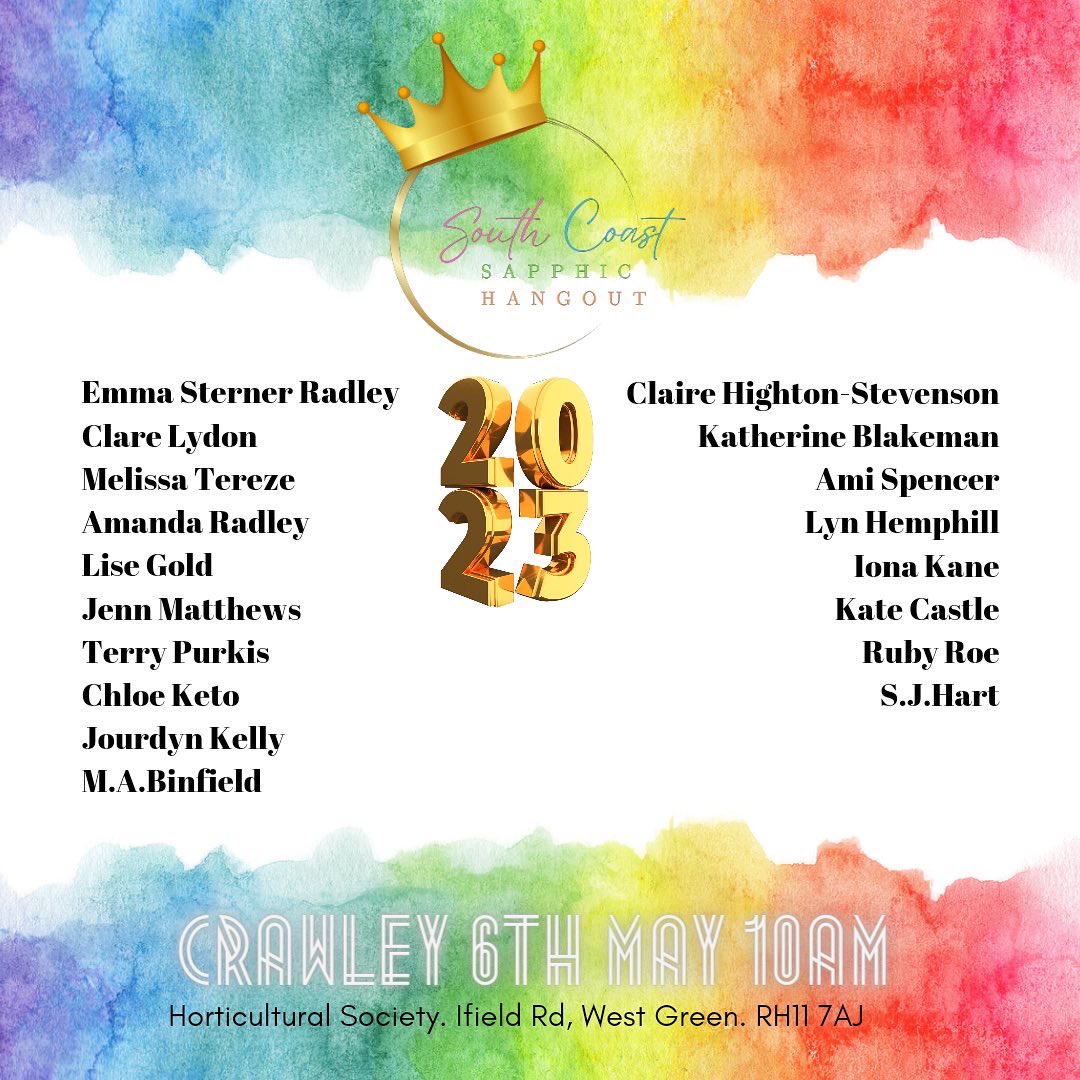 Next week I’m off on a road trip to the (hopefully) sunny UK 😎 
First stop is #FalmouthPride on 29 April. I’ll be at The Bean Hive By The Sea with books and freebies.
Saturday 6 May is the South Coast Sapphic Hang Out. Come to Crawley, say hullo and pick up some great books 📚