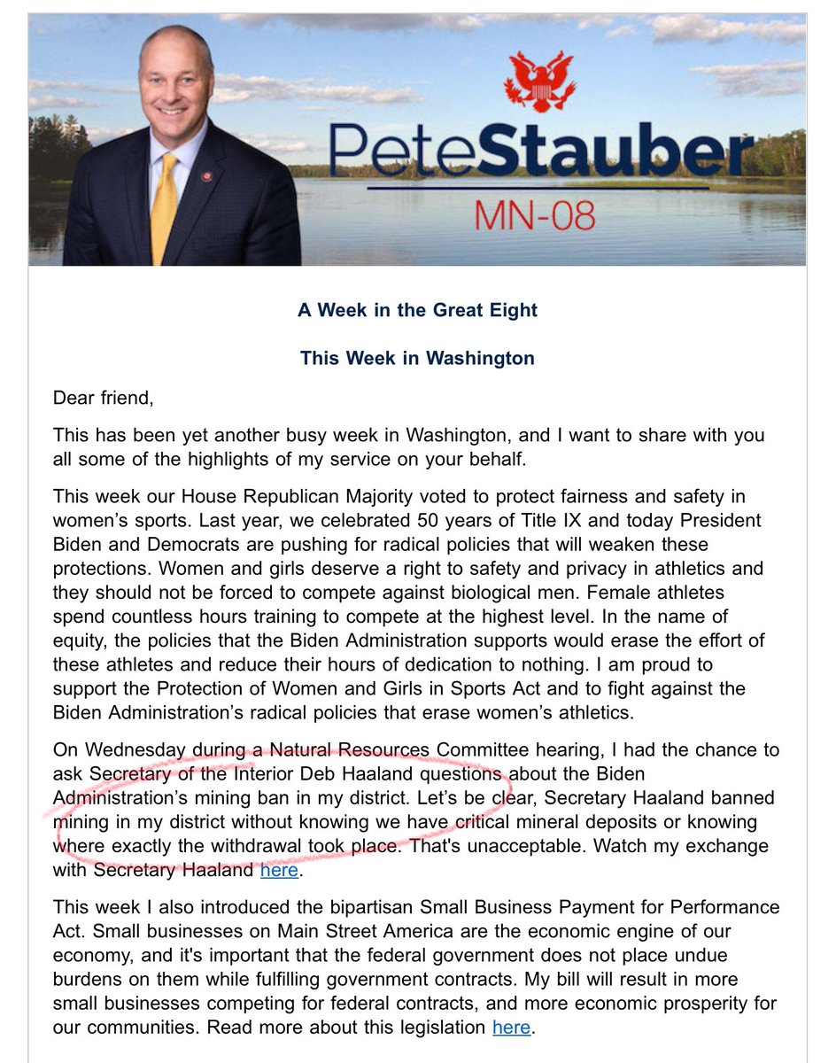 dukeduluth's tweet photo. Dear @RepPeteStauber....
You know full well the Biden administration DID NOT BAN all mining in northern Minnesota. That's a lie. Are you so swept up in @HouseGOP and @FoxNews politics that you now struggle to tell the truth? Sad! @JoeBiden @SecDebHaaland https://t.co/9ZJ5AgSCvd