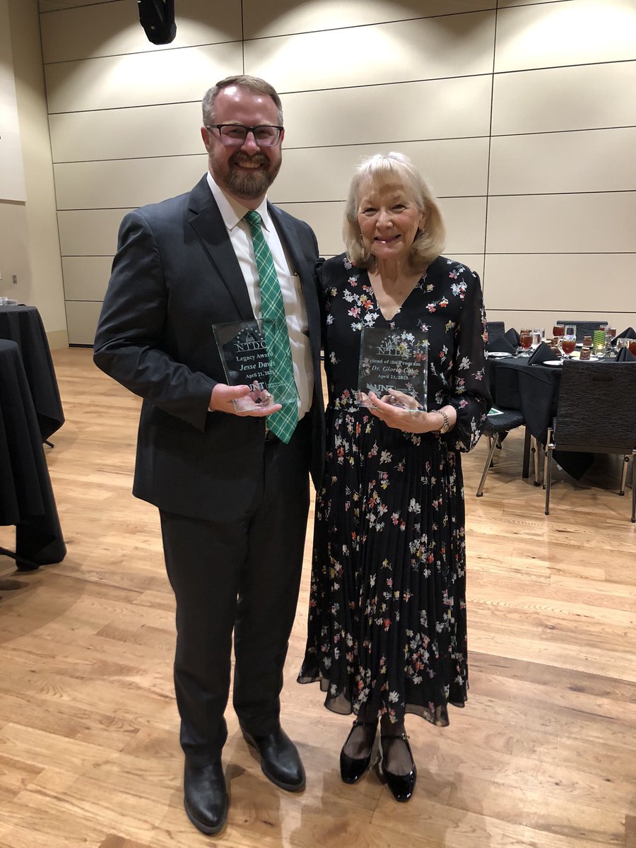 JLDDenton's tweet photo. Honored to be recognized yesterday evening alongside old friends and one of my very favorite professors, Dr. Gloria Cox. The NTDC program was a formative experience for both Diana and I, and we are proud to have been part of its foundation. #GoMeanGreen https://t.co/BIh4r8XRTP