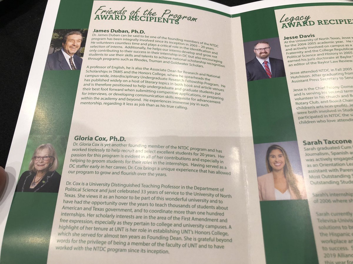 JLDDenton's tweet photo. Honored to be recognized yesterday evening alongside old friends and one of my very favorite professors, Dr. Gloria Cox. The NTDC program was a formative experience for both Diana and I, and we are proud to have been part of its foundation. #GoMeanGreen https://t.co/BIh4r8XRTP