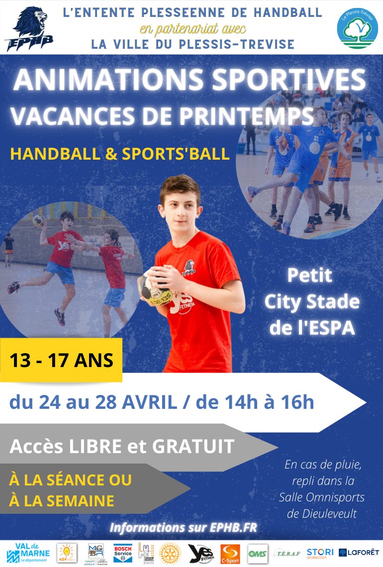 J-2 avant les animations sportives des vacances de printemps en partenariat avec la ville du Plessis Trévise 

📅du 24 au 28 avril 

🕗14h à 16h 

🤾🤾‍♀️13 à 17 ans 

💰GRATUIT et en ACCÈS LIBRE 

VENEZ NOMBREUX ! 🦁💙🤍 

Plus d'infos ⤵️ 

ephb.fr