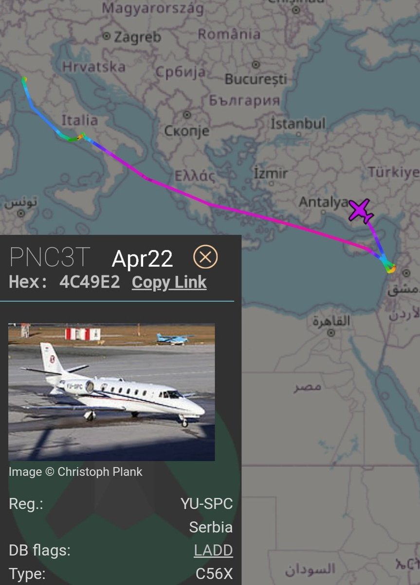 LebanonJets's tweet photo. #YUSPC of "Prince Aviation" (Serbia) started the day in #Pisa then stopped in #Napoli #Naples to #Beirut and noe headed north-west probably back to base in #Belgrade https://t.co/N1utSAh5qY