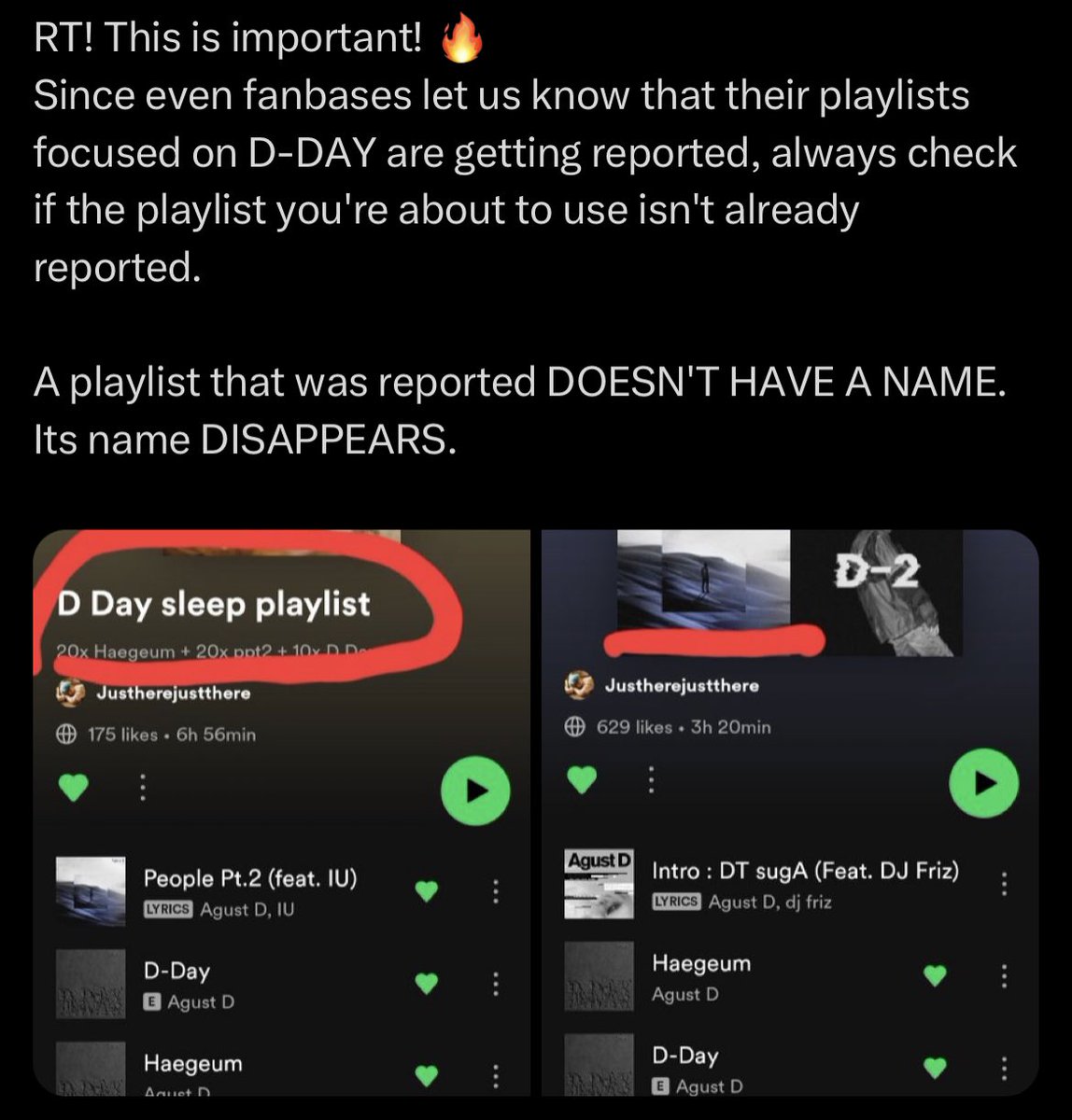 مهم🚨
بچه‌ها موقع انتخاب پلی لیست حتما باید توجه کنید که:
۱- پلی لیست روباتیک نباشه! از پلی لیستای اینتر ترجیحا استفاده نکنین و از فن‌بیس استریم خودمون پلی لیست بگیرین <a href="/Purple_SkyArmy/">Purple Army⁷🖤</a> و <a href="/StreampartyBTS/">Stream for ⟭BTS⟬</a> 
۲- پلی لیستای ریپورت شده استفاده نکنین (طبق گفته‌ی عکس) +