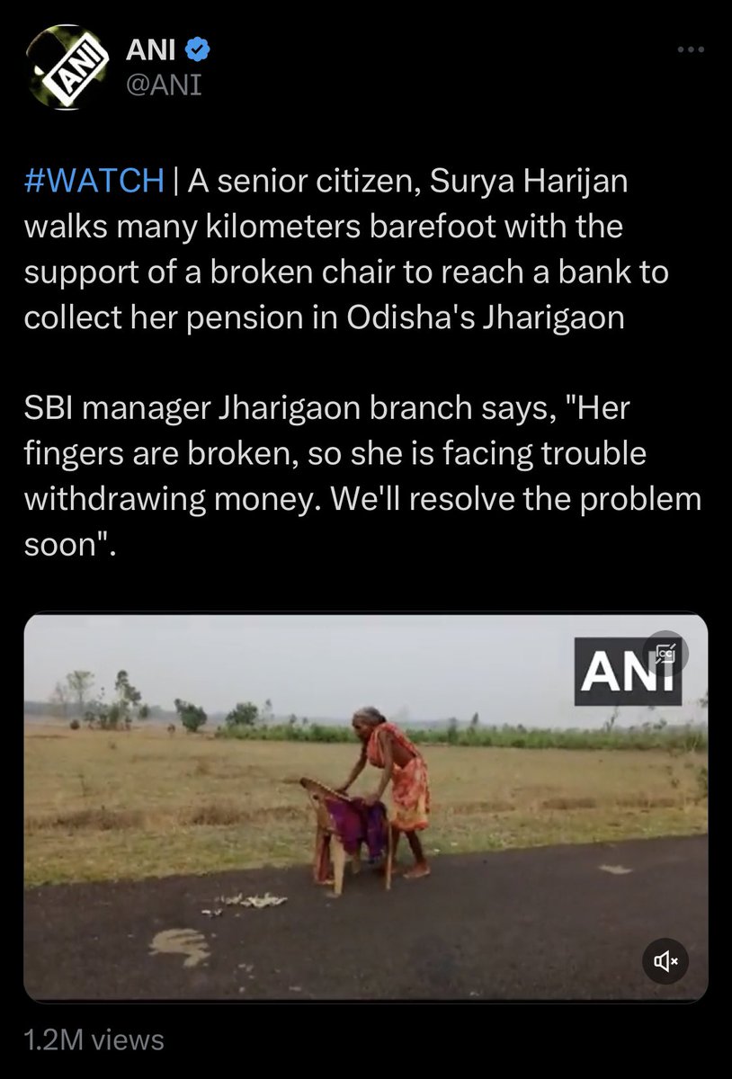 mahaprabandhak's tweet photo. The fake news agency #Liar_ANI_PTI  reported that a sr citizen Smt Surjo Harijan had to walk barefoot to withdraw her pension from @TheOfficialSBI in Jharigaon, Odisha. 
Since the biometrics didn’t match, the BM reportedly showed apathy and denied payment as per @ANI https://t.co/2vAdZJZj9G