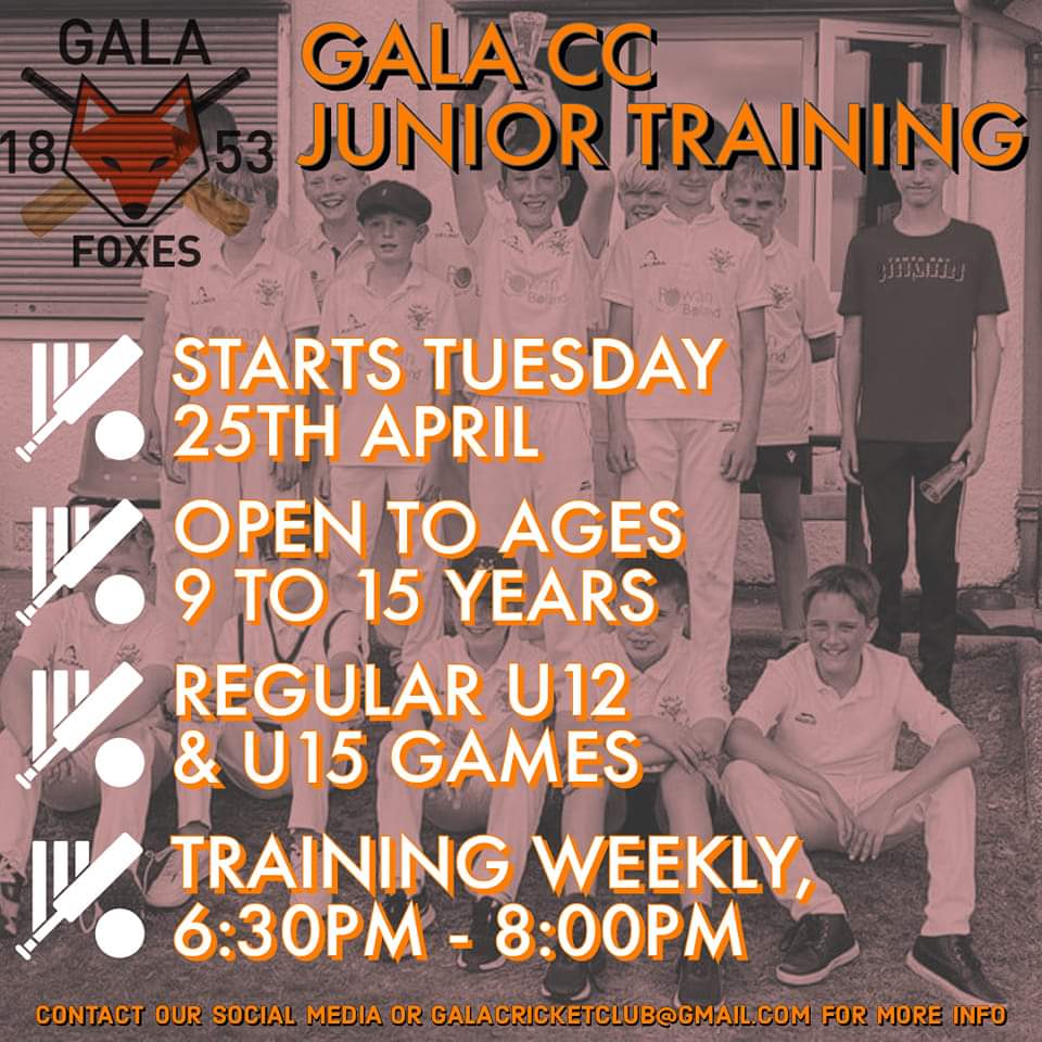 JUNIOR CRICKET 2023

Gala Foxes training commences on Tuesday 25th April and will run 6:30pm to 8pm weekly 🏏🦊

➡️ Regular U12 &amp; U15 age group matches
➡️ Meet new friends! 
➡️ Open to ages 9 to 15 years old
➡️ All abilities &amp; experience in cricket welcome