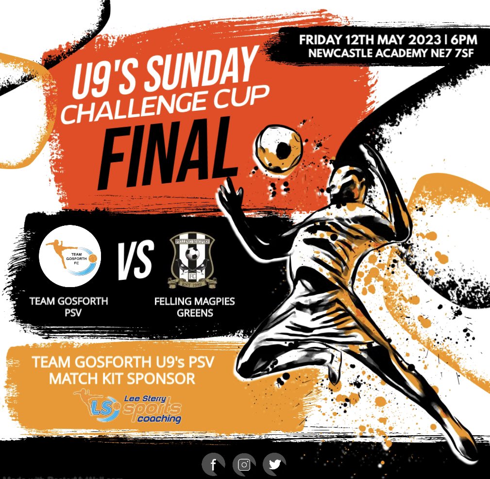 Sunday Challenge Cup Final 🏆

Team Gosforth U9’s PSV vs Felling Magpies Greens

Please get along can and support our U9’s PSV in their cup final

C’MON GOSSY 🟠⚫️

#TeamGosforthFC #teamgossy 
#developingthenextgeneration #leesterrysportscoaching #grassrootsfootballuk