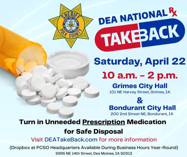 📣 It's National Prescription Drug Take Back Day! 📣

Don't forget... you can drop off your unused or expired meds at the DMPD lobby for safe disposal any day! 💊🚮

Remember: Keep those medicines locked up and away from curious little hands! 🔒👶 #DrugTakeBackDay #SafeDisposal