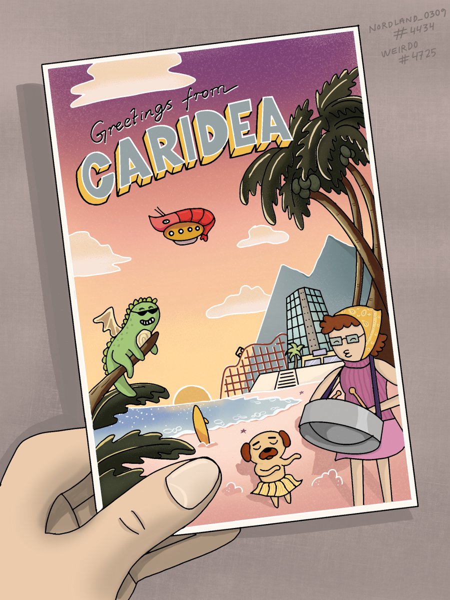 NordlandStudio's tweet photo. Hello weirdos!
First entry : )
My friends will be SO jealous when they received this postcard of me, weirdo #4725, jamming on the beach of Caridea!
@MindblowonNFT #MindblowonArt #writinghome https://t.co/p1uYqEJmXh