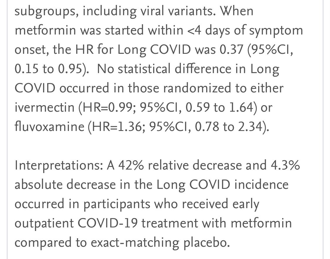 ‼️Metformin 
Gegen Long Covid!

Das gut verträgliche und sehr preisgünstige Medikament hat in ersten Untersuchungen gute Ergebnisse gegen LC gezeigt 

Nun ist die erste randomisierte Multizenter Studie mit Kontrollgruppe erschienen.
‼️Sie zeigt eine 40% (relative) Reduktion der