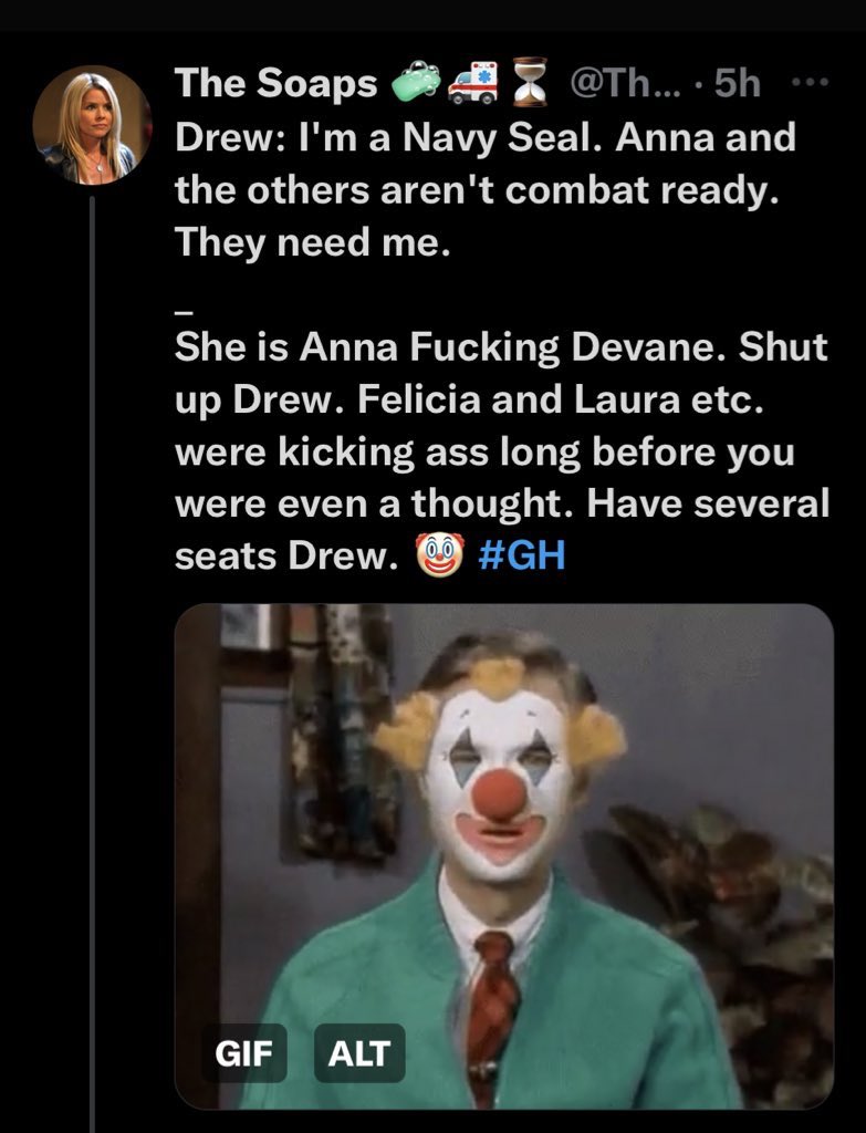 TheSoapySoaps's tweet image. I mean she’s not a navy seal but she’s Anna DeVane! Come on. 😂 I can see a bit of his point about others but not she and Robert! They’re super-spy’s!