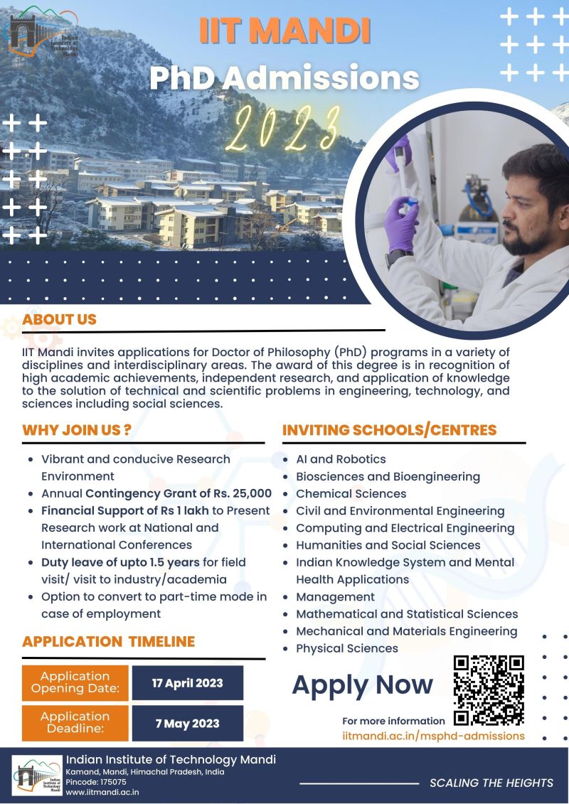 somiitmandi's tweet photo. The School of Management, Indian Institute of Technology, Mandi invites applications for Doctor of Philosophy (PhD) program.

Application deadline: May 7, 2023

For more information, visit: https://t.co/f7pq7uZCJf

#PhD #SchoolofManagement #IITMandi #ApplicationsNowOpen https://t.co/kSKgcmR2P5