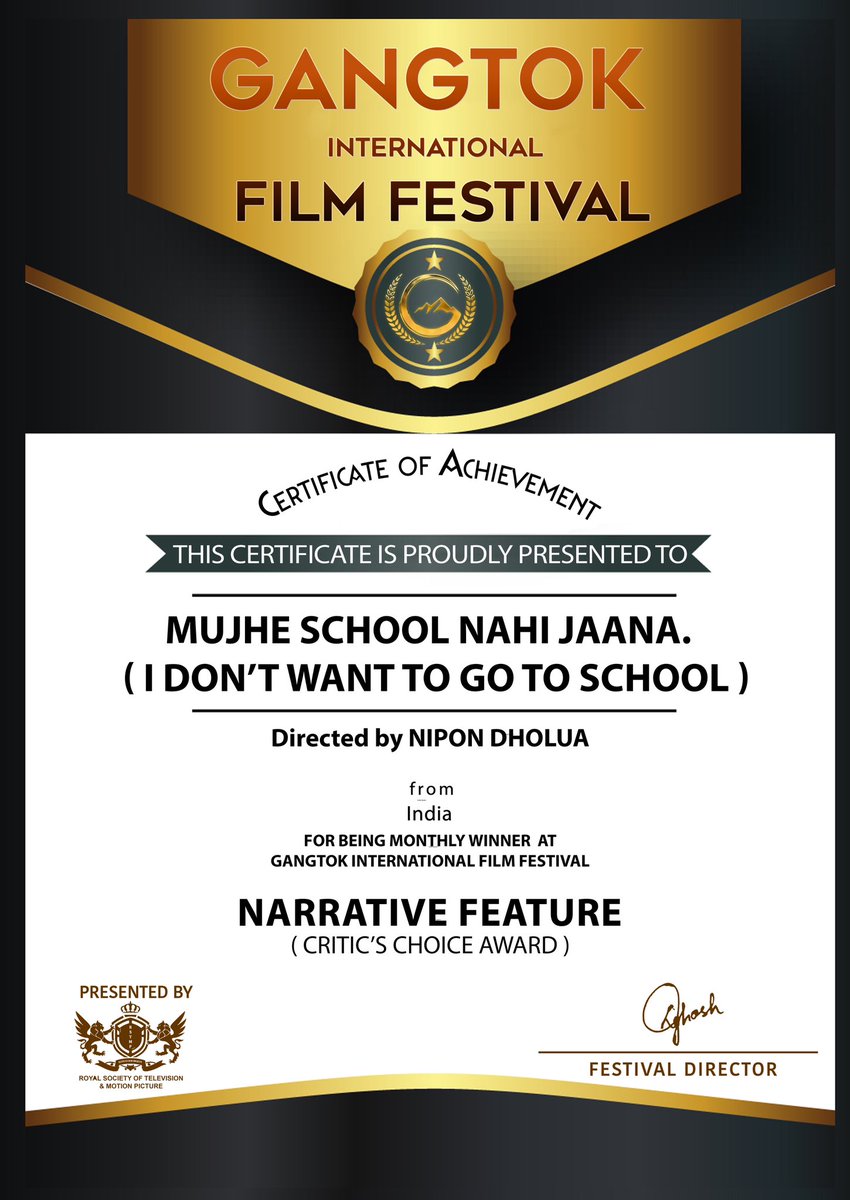 Happy to announce that 60 Award winner movie #mujhe_school_nahi_jaana directed by Nipon Dholua Just won Critic’s Choice awards for Narrative Feature at the. “ GANGTOK INTERNATIONALFILM FESTIVAL” 2023. India.

filmfreeway.com/GangtokInterna… #giff #gangtoksikkim #recognition #nipondholua