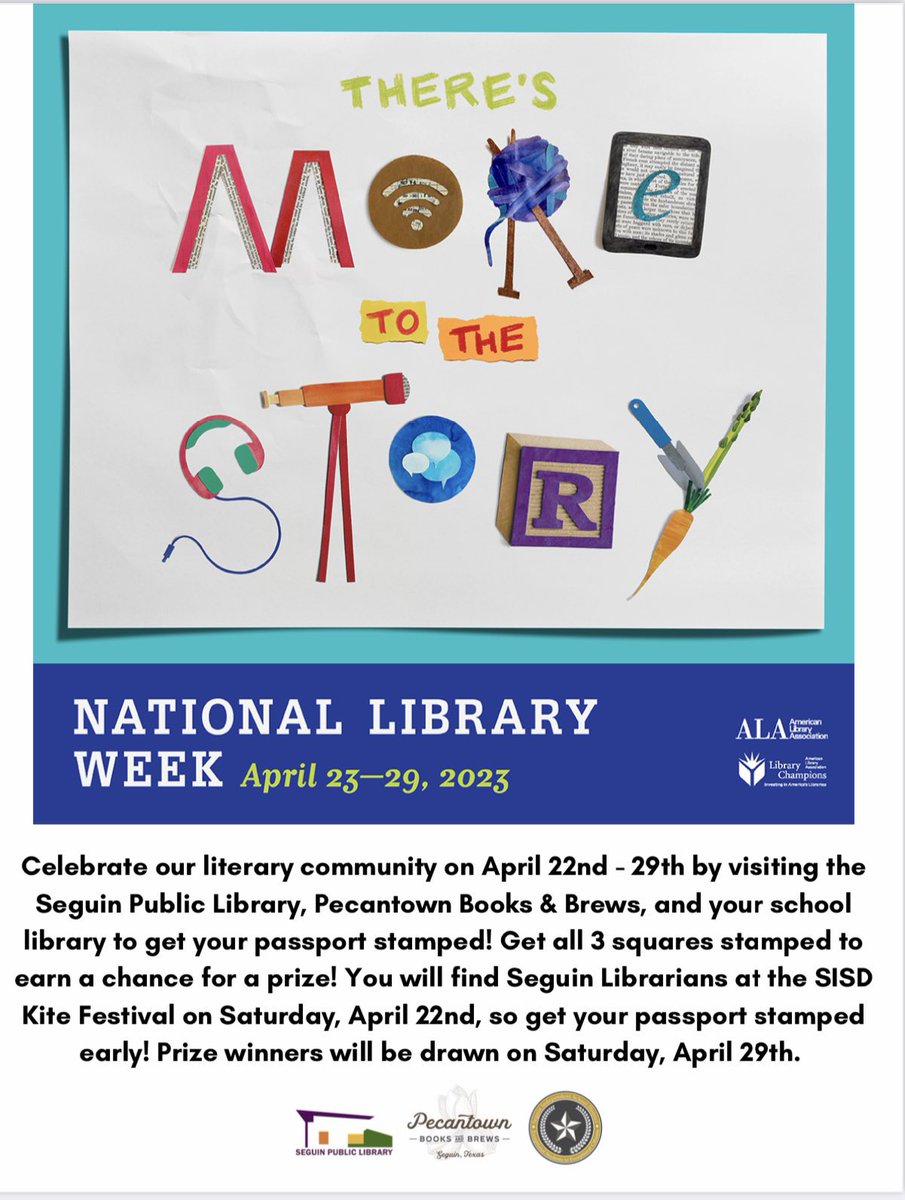 Seguin ISD Libraries are teaming up with <a href="/SeguinPublicLib/">SeguinPublicLibrary</a> and Pecantown Books &amp; Brews to celebrate National Library Week! Participants will need to visit each location to receive a stamp on your passport to be entered into a drawing for a gift basket! <a href="/SeguinISD/">Seguin ISD</a>