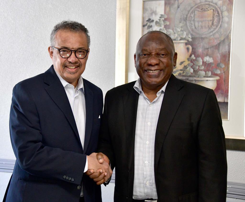 DrTedros's tweet photo. Thank you @PresidencyZA @CyrilRamaphosa for your leadership in making 🇿🇦 &amp; #Africa healthier &amp; safer. We discussed his Govt's hosting of the mRNA tech transfer hub to expand local production of vaccines &amp; other medical solutions to help countries meet their health needs. https://t.co/0fE3bELuxq