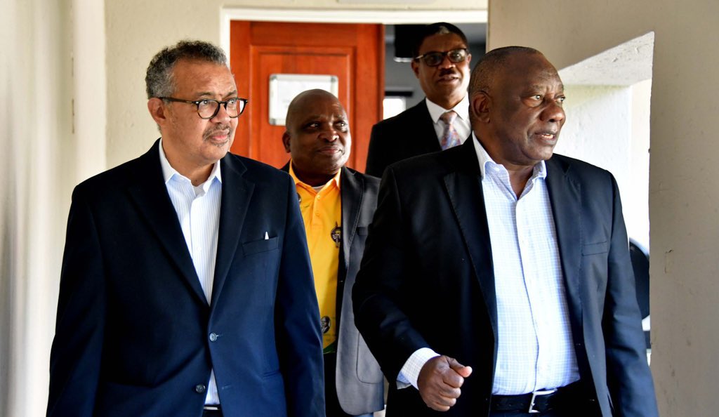 DrTedros's tweet photo. President @CyrilRamaphosa &amp; I also discussed the importance of preparing the world for future pandemics &amp; how the #PandemicAccord, which 🇿🇦 &amp; other nations are negotiating, is vital for global health security. I thanked him for his support to @WHO in keeping the 🌍 safe. https://t.co/Ep8RQD0x0x