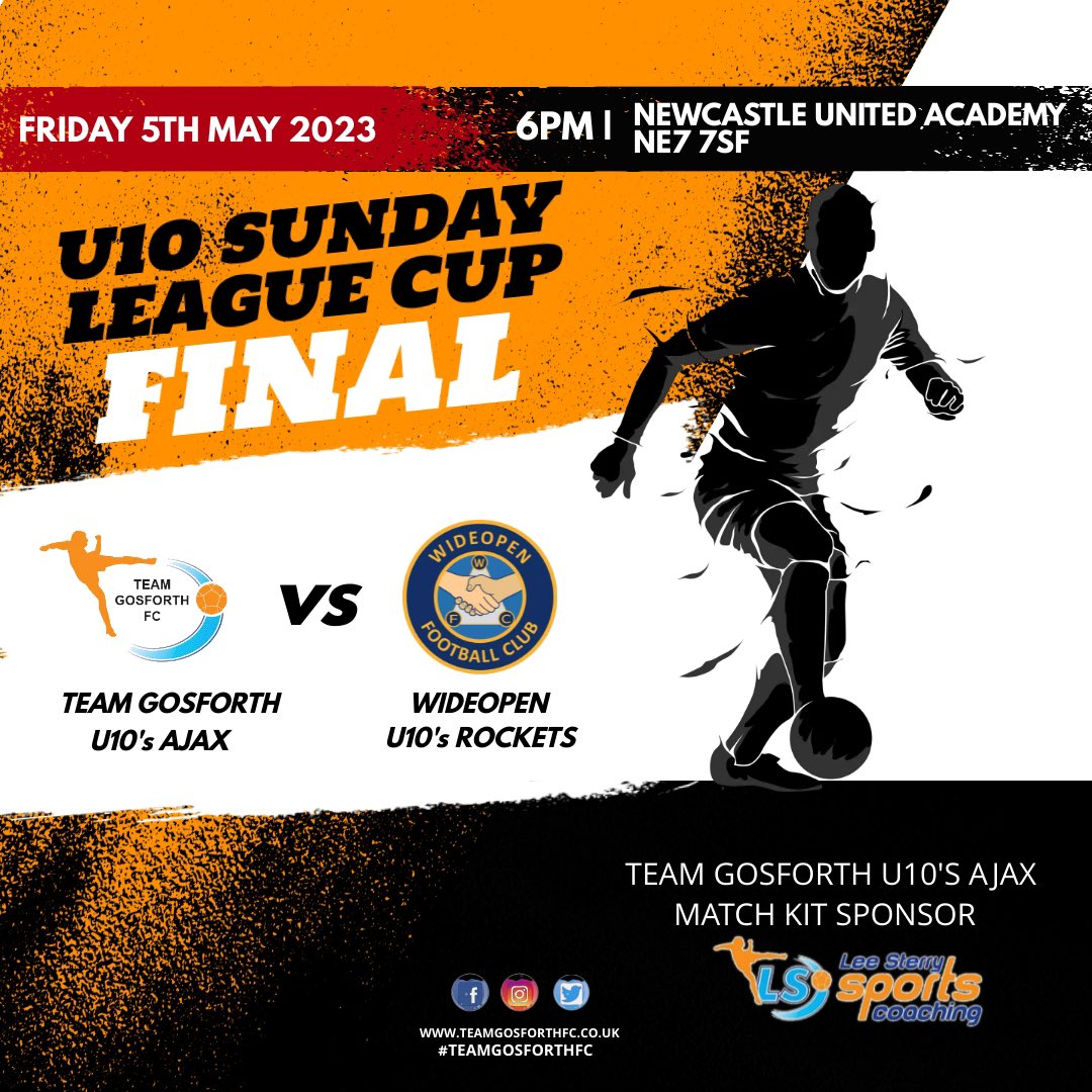 Sunday League Cup Final 🏆

Team Gosforth U10’s Ajax Vs Wideopen U10’s Rocket 

Please get along if you can and support our U10’s Ajax in their cup final

C’MON GOSSY 🟠⚫️

#TeamGosforthFC #teamgossy 
#developingthenextgeneration #leesterrysportscoaching #grassrootsfootballuk
