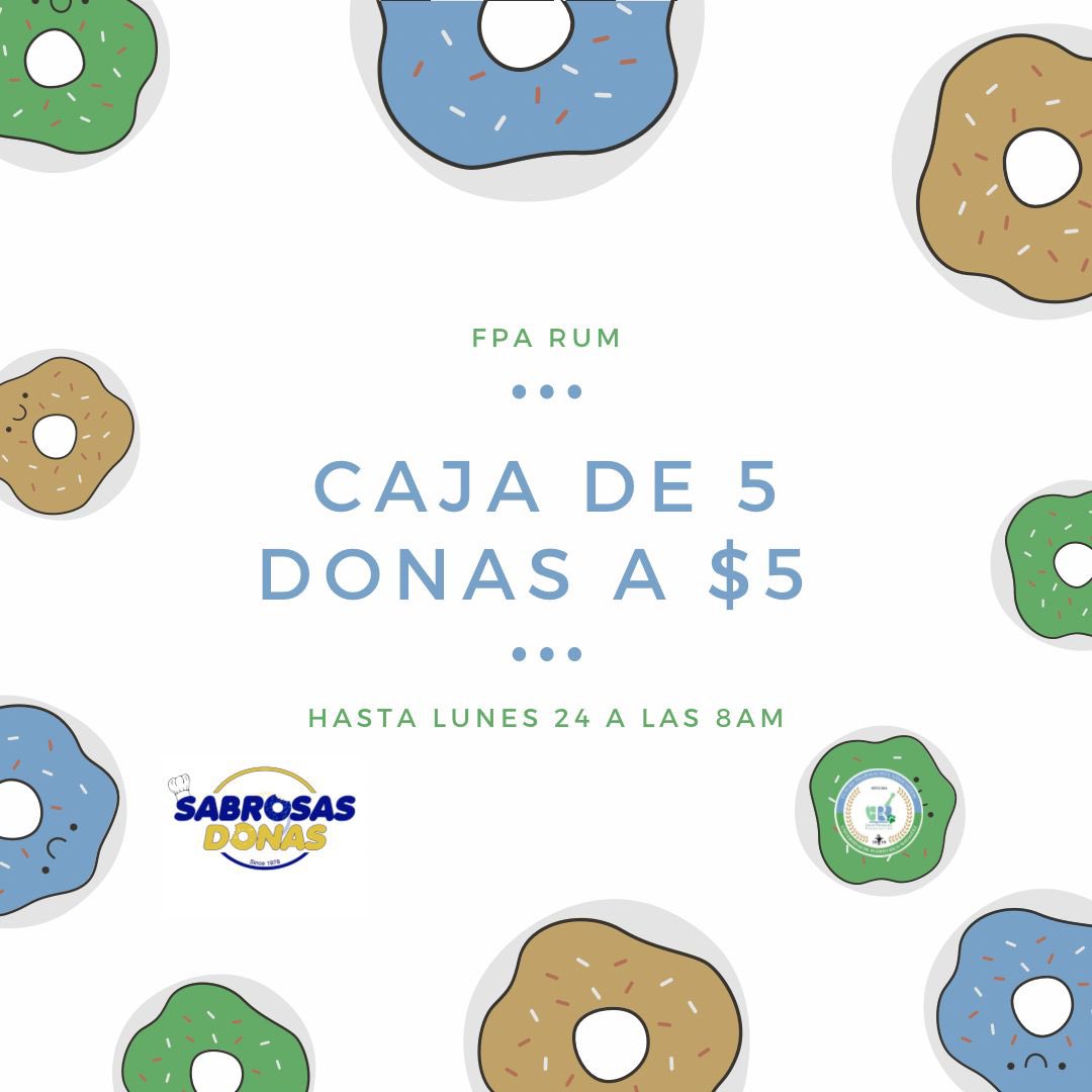FPA_RUM_CHAPTER's tweet photo. ¡Buenos dias Pharmily!
 
Como parte de las últimas actividades del semestre estaremos llevando a cabo una venta de donas. Cada caja incluye 5 donas. 

Precio de cada caja: $5.00
Fecha límite para ordenar: lunes, 24 de abril de 2023 a las 8am. https://t.co/l7y3rWrJ2c