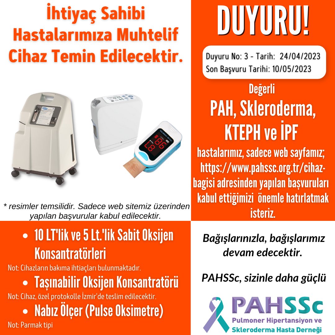 PAHSScDernegi's tweet photo. Cihaz Temin Duyurusu 3/2023 https://t.co/8ZdSVU4tnd
👉 Yalnızca PAHSSc Hasta Derneğimizin web adresi üzerinden yapılacak başvurular dikkate alınacaktır.
❤️Bağışlarınızla, bağışlarımız devam edecektir. PAHSSc, sizinle daha güçlü #SizinleDahaGüçlüyüz #PAHSSc https://t.co/r8BSjxzoFv