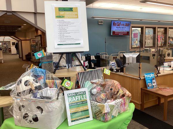 The Mini Links Raffle is on! Three dozen great prizes donated by local businesses and library supporters are on display at the library now. Buy your tickets at the library between now and 3 p.m. April 29. Tickets are $1 or 6 for $5.