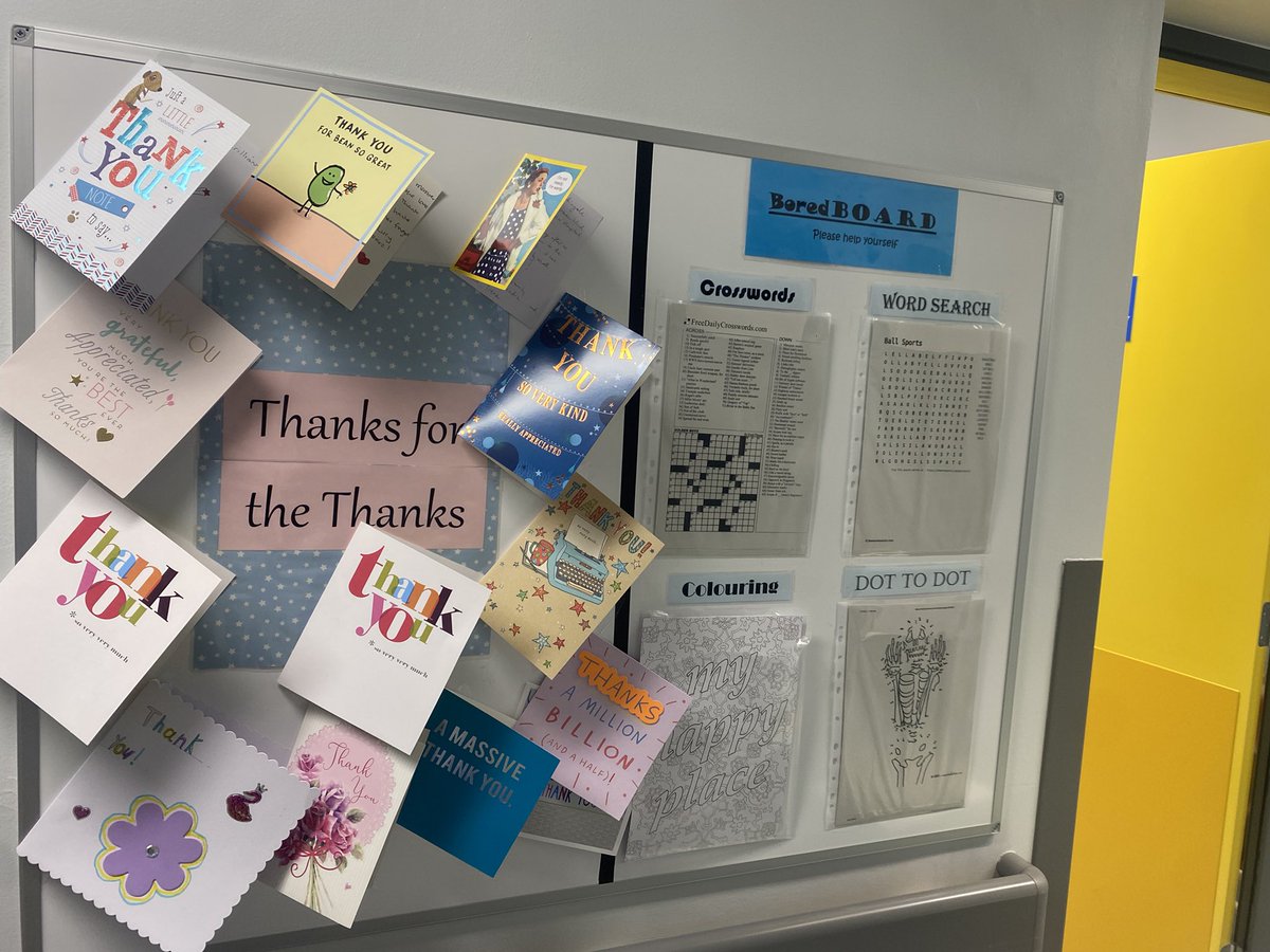 NightingaleNUH's tweet photo. 🌟Here’s our new “Bored Board”, which encourages patients to keep their minds active and pass a bit of time whilst they are unwell - and our “Thanks for the thanks” board - displaying our lovely feedback from patients. Both made by the amazing @AudreyDonworth ☺️🌟 https://t.co/0WprH2Pauh