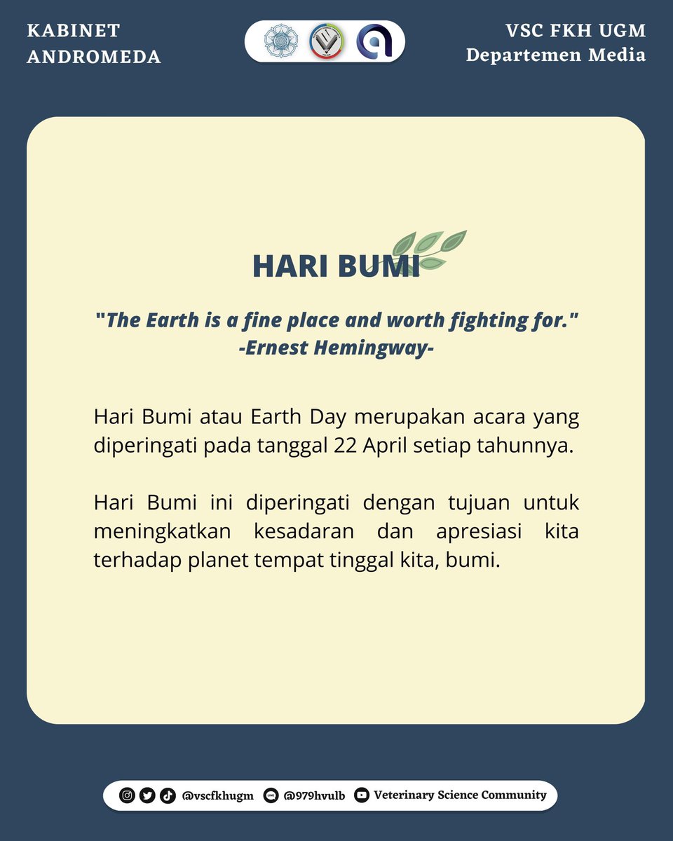 vscfkhugm's tweet photo. [🌏SELAMAT HARI BUMI🌏]

Selamat Hari Bumi semua!
Semoga kesadaran dan kepedulian kita akan pentingnya menjaga bumi semakin meningkat.

Mari jaga bumi kita bersama!

Departemen Media

Kabinet Andromeda
VSC FKH UGM

#CendekiaIntelektual 
#VSC2023 https://t.co/hiZohSbEaY