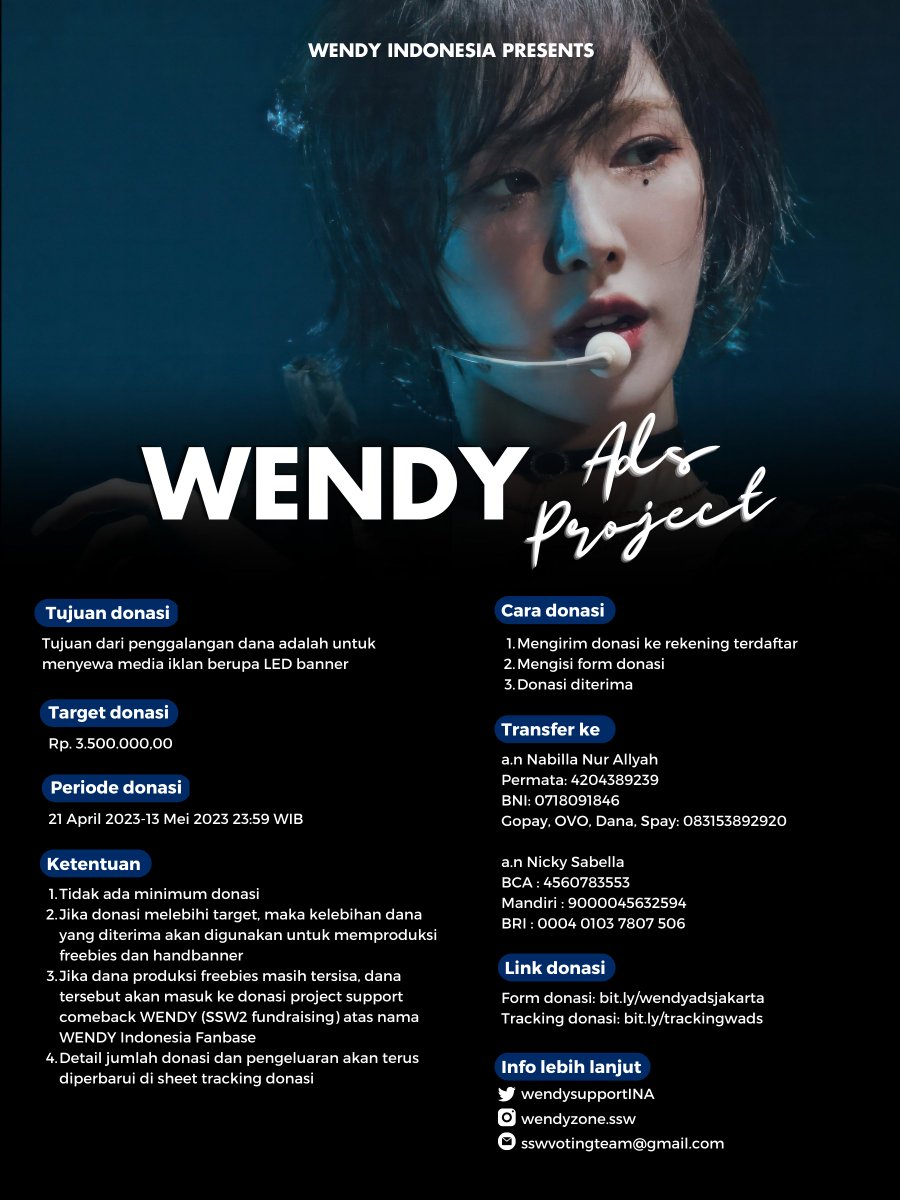 WENDY Ads Project for R to V in Jakarta

Bersama <a href="/wenfessevent/">wfess sub.</a> &amp; wendyzone.ssw (IG), kami membuka pengumpulan donasi untuk LED banner project pada hari konser R to V di Jakarta

Form donasi: bit.ly/wendyadsjakarta
Tracking donasi: bit.ly/trackingwads

#WENDY #웬디 <a href="/RVsmtown/">Red Velvet</a>