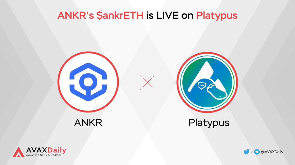HYPERDailyTK's tweet photo. 🎉 $ankrETH is LIVE on @Platypusdefi 

👉$ankrETH is reward-bearing token of @ankr.
Stake your ETH to earn $ankrETH on Ankr and unlock all huge more benefits.

#Avalanche #AVAX $AVAX
https://t.co/nSE8D3oV7k https://t.co/24RPxDDCEP