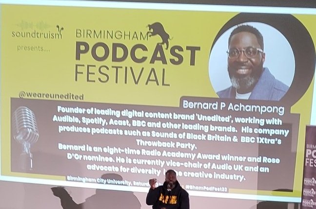 NinnaMakrinov's tweet photo. @weareunedited at #BhamPodFest23 sharing key tips. Carry your recording pack (microphone, stand, headphones). You can tell a story in 17 seconds: voice, music, sound effects. https://t.co/rywQinuUHj