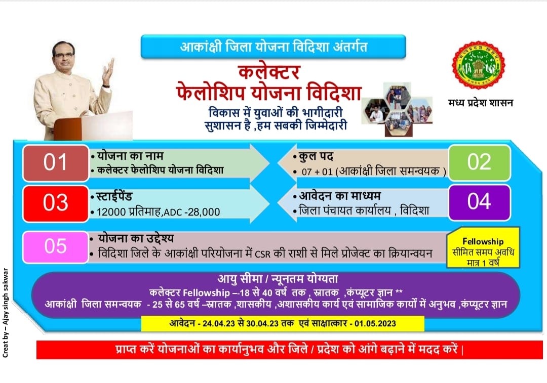 vidishadm's tweet photo. आकांक्षी जिला योजना विदिशा अंतर्गत कलेक्टर फेलोशिप योजना विदिशा
   विकास में युवाओं की भागीदारी सुशासन है, हम सबकी जिम्मेदारी
@CMMadhyaPradesh 
@JansamparkMP https://t.co/0mzu2as0bC